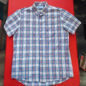 IZOD button down short sleeve shirt white blue red plaid men's size L